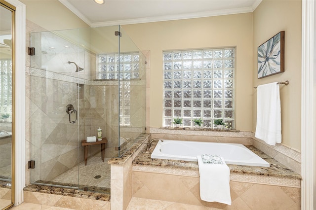 5115 Oak Tree Cir, Dallas, TX 75287 - full bathroom with a bath, a shower stall, crown molding, recessed lighting, and tile patterned flooring
