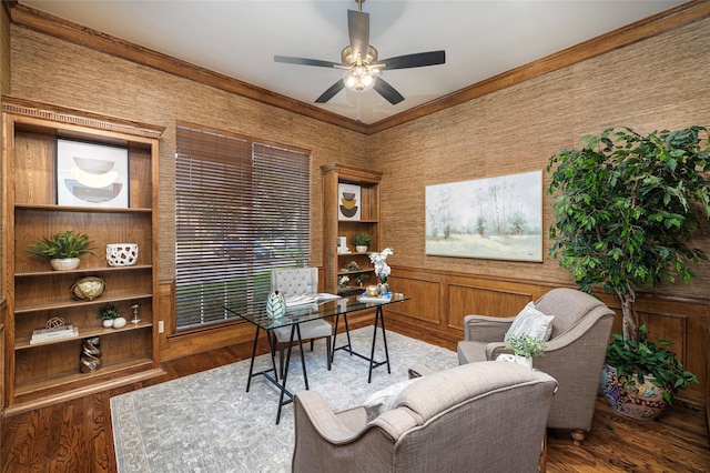 5115 Oak Tree Cir, Dallas, TX 75287 - office area featuring ceiling fan, wood finished floors, and crown molding