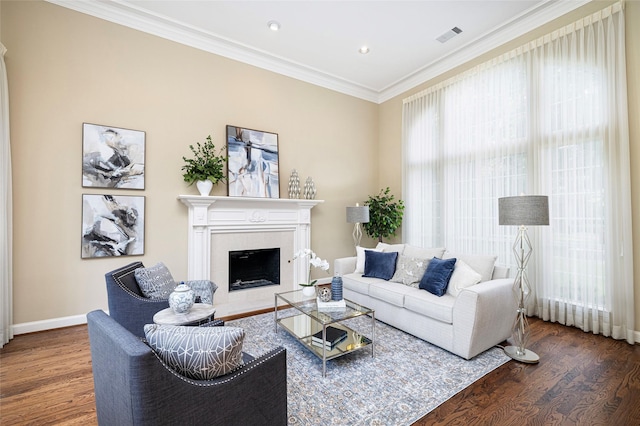5115 Oak Tree Cir, Dallas, TX 75287 - living room featuring wood finished floors, crown molding, a fireplace, baseboards, and recessed lighting