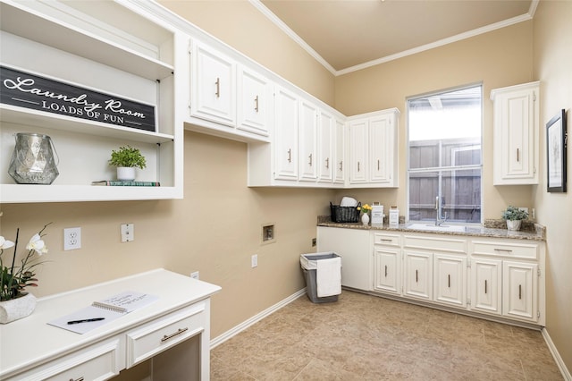5115 Oak Tree Cir, Dallas, TX 75287 - washroom featuring hookup for a washing machine, cabinet space, baseboards, crown molding, and hookup for an electric dryer