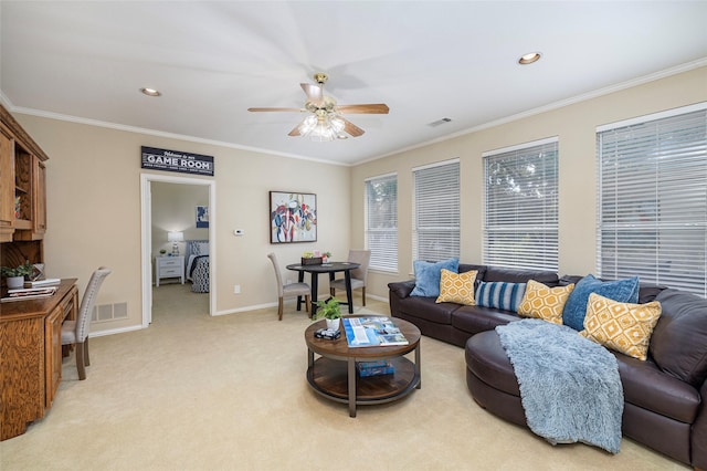 5115 Oak Tree Cir, Dallas, TX 75287 - living room featuring ceiling fan, baseboards, ornamental molding, light colored carpet, and recessed lighting