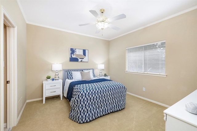 5115 Oak Tree Cir, Dallas, TX 75287 - bedroom featuring light carpet, crown molding, baseboards, and ceiling fan
