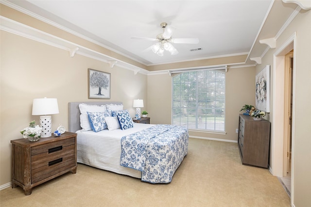 5115 Oak Tree Cir, Dallas, TX 75287 - bedroom with light carpet, crown molding, baseboards, and ceiling fan