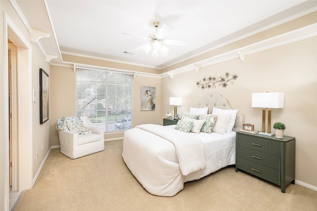 5115 Oak Tree Cir, Dallas, TX 75287 - bedroom featuring light carpet, ornamental molding, baseboards, and a ceiling fan