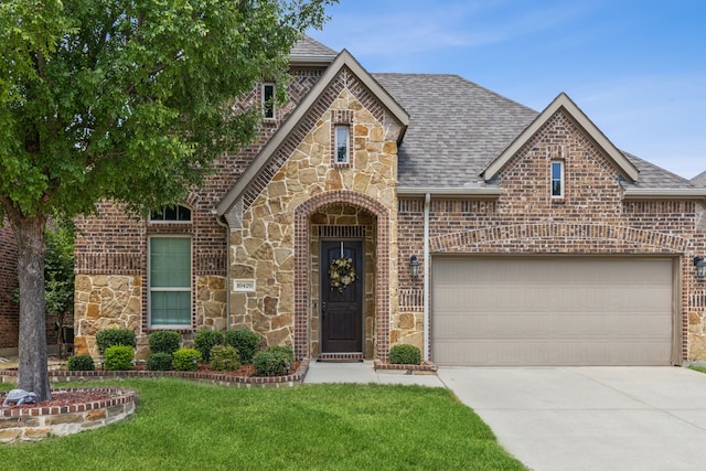 10420 Old Eagle River Ln, Mckinney, TX 75072 - view of front of home with stone siding, driveway, a front yard, and roof with shingles