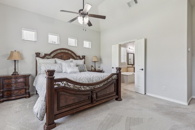10420 Old Eagle River Ln, Mckinney, TX 75072 - bedroom featuring light colored carpet, baseboards, ensuite bathroom, and ceiling fan