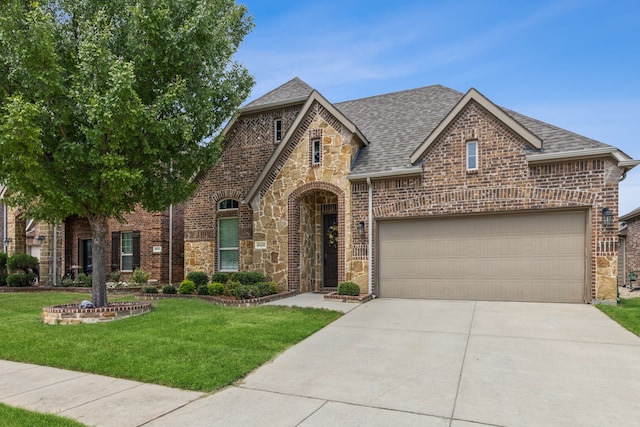 10420 Old Eagle River Ln, Mckinney, TX 75072 - view of front facade with a shingled roof, a front yard, concrete driveway, brick siding, and stone siding