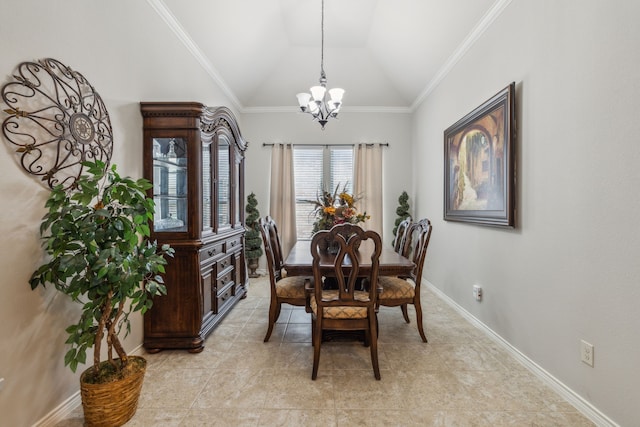 10420 Old Eagle River Ln, Mckinney, TX 75072 - dining area with a chandelier, lofted ceiling, ornamental molding, light tile patterned floors, and baseboards