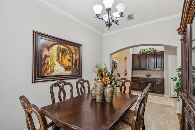 10420 Old Eagle River Ln, Mckinney, TX 75072 - dining area with a chandelier, arched walkways, crown molding, and light tile patterned floors