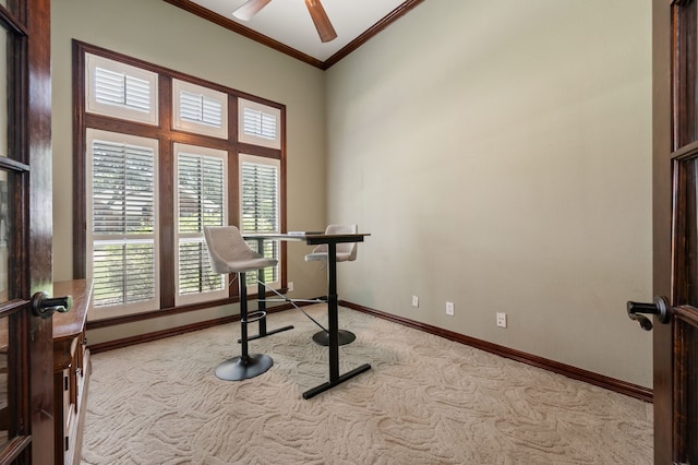 840 Falcon Ln, Coppell, TX 75019 - carpeted home office with crown molding, baseboards, and a ceiling fan