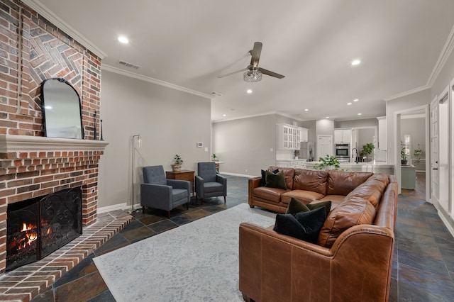 840 Falcon Ln, Coppell, TX 75019 - living room featuring stone tile floors, a ceiling fan, a fireplace, baseboards, and recessed lighting