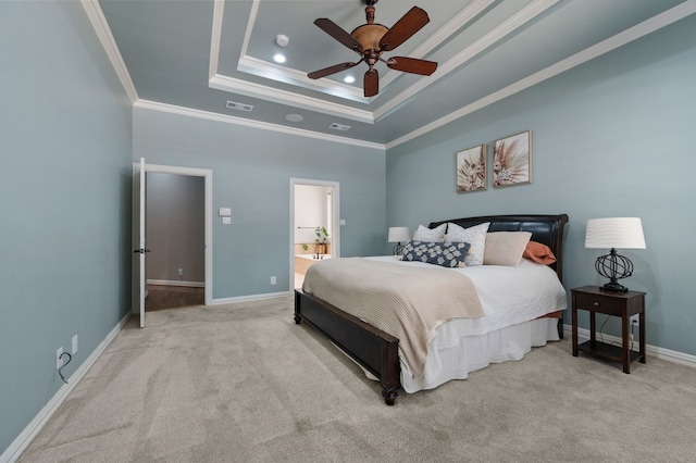 840 Falcon Ln, Coppell, TX 75019 - carpeted bedroom featuring ornamental molding, a raised ceiling, baseboards, a ceiling fan, and recessed lighting