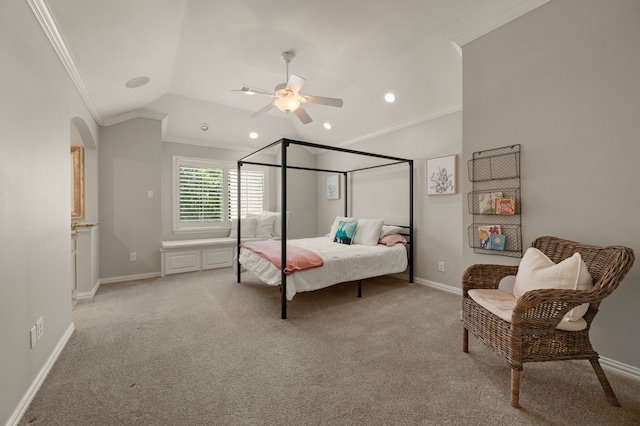 840 Falcon Ln, Coppell, TX 75019 - bedroom with ornamental molding, vaulted ceiling, light colored carpet, arched walkways, and baseboards