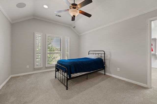 840 Falcon Ln, Coppell, TX 75019 - bedroom featuring vaulted ceiling, carpet, ornamental molding, baseboards, and ceiling fan