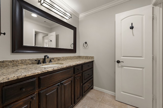 840 Falcon Ln, Coppell, TX 75019 - bathroom with ornamental molding, vanity, baseboards, and tile patterned flooring