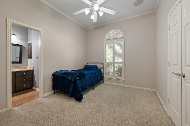 840 Falcon Ln, Coppell, TX 75019 - bedroom with light colored carpet, crown molding, ensuite bathroom, baseboards, and a ceiling fan