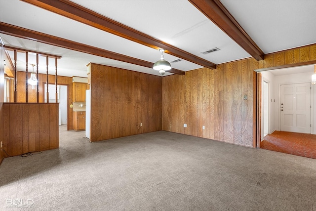 4404 Curtis Loop, Bossier City, LA 71112 - unfurnished living room with carpet flooring, wood walls, and beamed ceiling