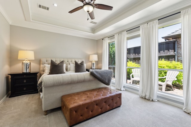 4104 Navarro Way, Frisco, TX 75034 - bedroom with light carpet, a tray ceiling, crown molding, and ceiling fan