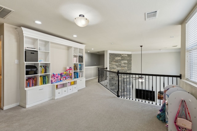 4104 Navarro Way, Frisco, TX 75034 - game room featuring carpet flooring, recessed lighting, baseboards, healthy amount of natural light, and crown molding