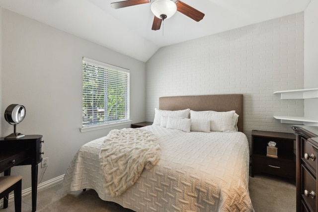 4104 Navarro Way, Frisco, TX 75034 - bedroom with carpet flooring, lofted ceiling, a ceiling fan, and baseboards