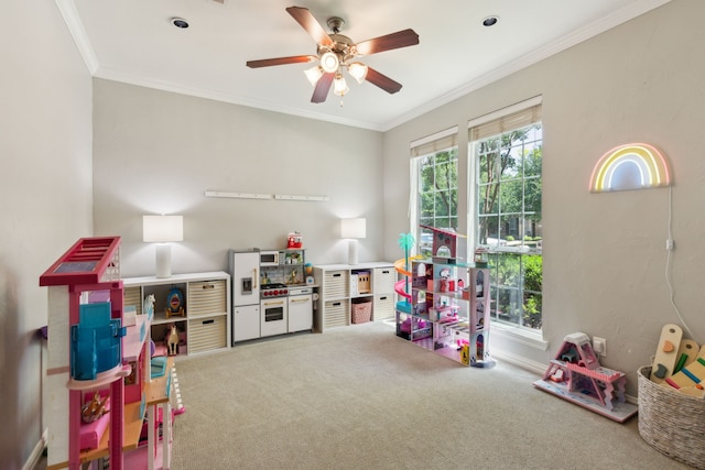 4104 Navarro Way, Frisco, TX 75034 - game room with carpet flooring, ceiling fan, and ornamental molding