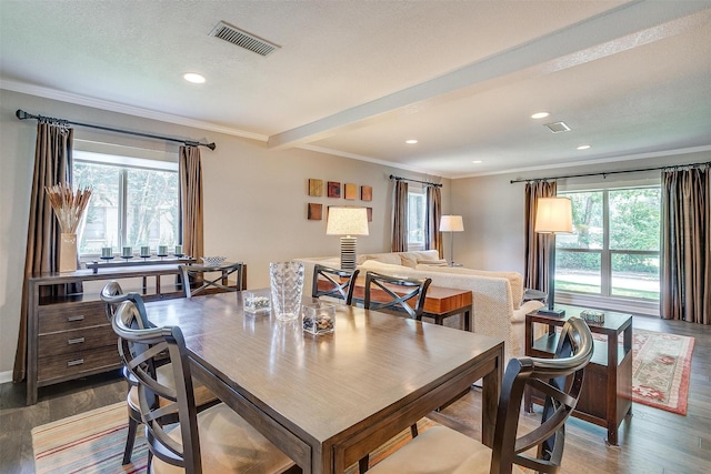 4408 Hildring Dr E, Fort Worth, TX 76109 - dining space featuring ornamental molding, wood finished floors, and recessed lighting
