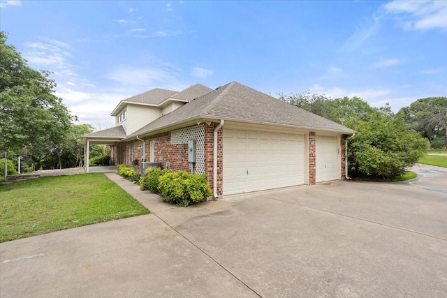 1642 Greenview Ct, Aledo, TX 76008 - view of side of home featuring brick siding, a lawn, a garage, roof with shingles, and driveway