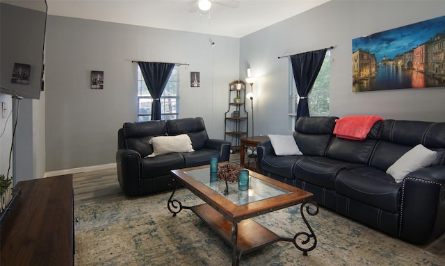 2421 Langston St, Fort Worth, TX 76105 - living area featuring ceiling fan, wood finished floors, and baseboards