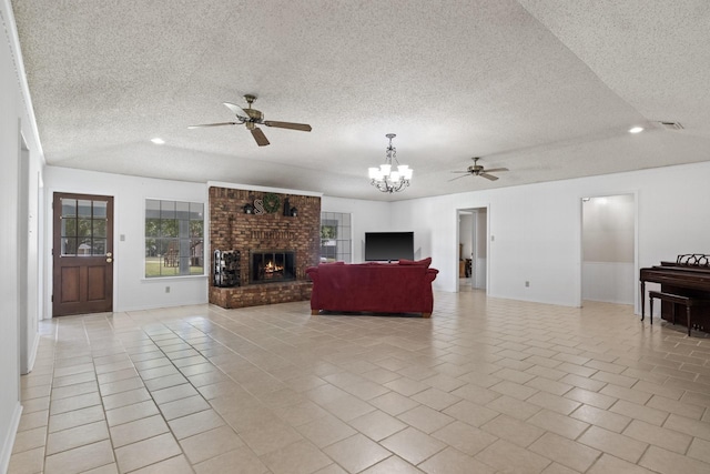 5161 N Hwy 271, Pittsburg, TX 75686 - living room with ceiling fan, a textured ceiling, recessed lighting, light tile patterned floors, and a chandelier