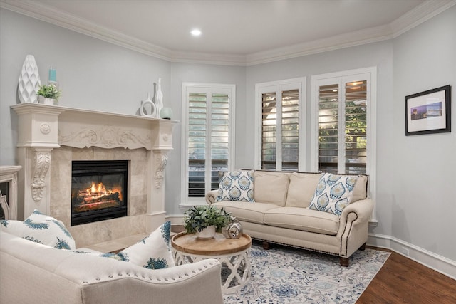 7000 Shalimar Ct, Colleyville, TX 76034 - living room with a fireplace, wood finished floors, baseboards, crown molding, and recessed lighting
