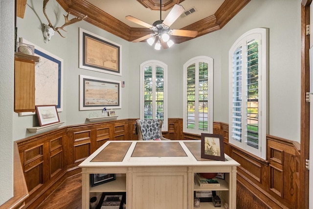 7000 Shalimar Ct, Colleyville, TX 76034 - office area with ornamental molding, wainscoting, a ceiling fan, and dark wood finished floors