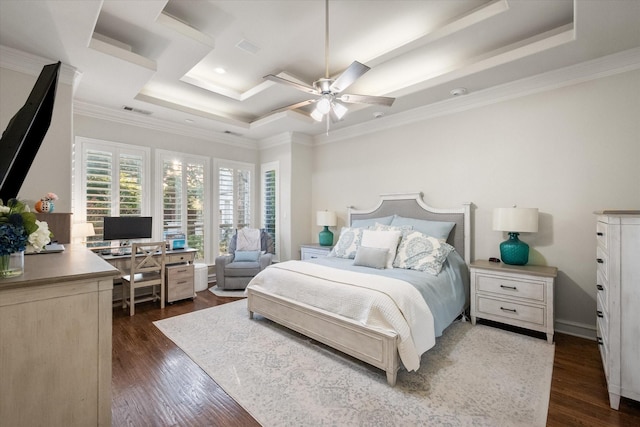 7000 Shalimar Ct, Colleyville, TX 76034 - bedroom featuring a tray ceiling, an office area, dark wood-type flooring, ornamental molding, and a ceiling fan