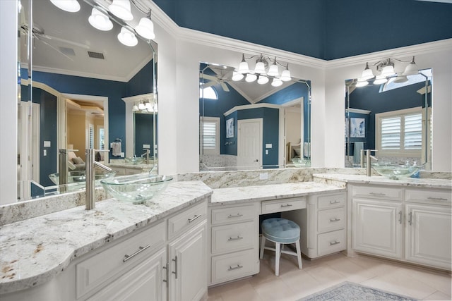 7000 Shalimar Ct, Colleyville, TX 76034 - full bath featuring tile patterned flooring, plenty of natural light, vanity, and ornamental molding