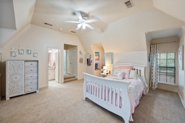 7000 Shalimar Ct, Colleyville, TX 76034 - carpeted bedroom featuring lofted ceiling, a ceiling fan, connected bathroom, and baseboards