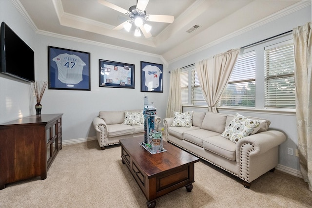7000 Shalimar Ct, Colleyville, TX 76034 - living room with light carpet, crown molding, a ceiling fan, a raised ceiling, and baseboards