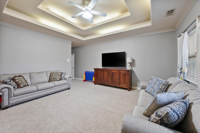 7000 Shalimar Ct, Colleyville, TX 76034 - living room with a raised ceiling, ceiling fan, carpet, crown molding, and baseboards