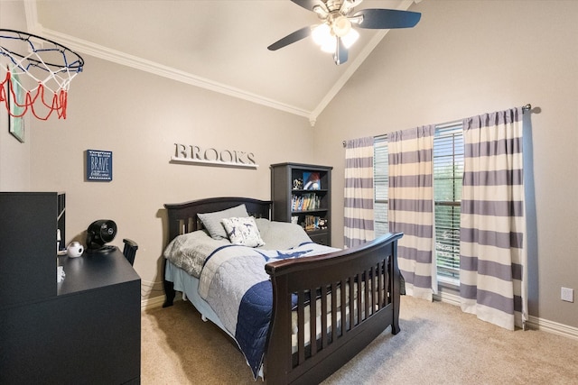 7000 Shalimar Ct, Colleyville, TX 76034 - carpeted bedroom with ornamental molding, baseboards, a ceiling fan, and high vaulted ceiling