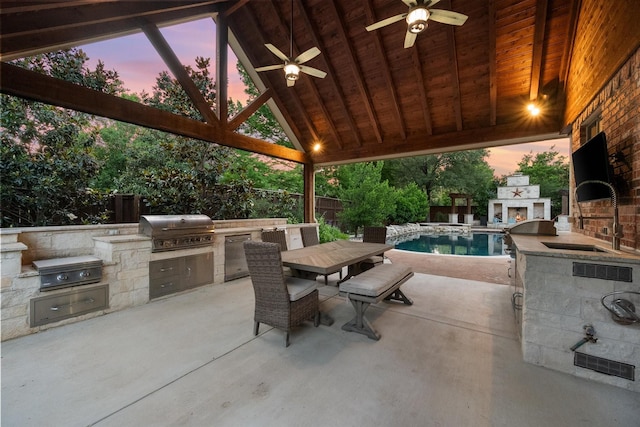 7000 Shalimar Ct, Colleyville, TX 76034 - view of patio / terrace with a sink, a lit fireplace, a gazebo, outdoor dining area, and ceiling fan