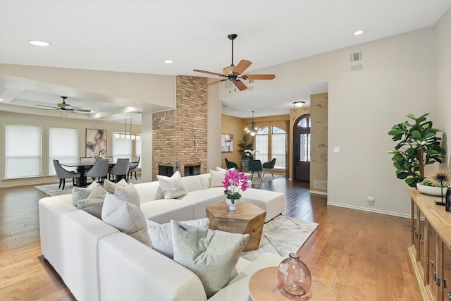 2420 Cross Timbers Trl, Arlington, TX 76006 - living area with ceiling fan, light wood-style flooring, baseboards, lofted ceiling, and recessed lighting