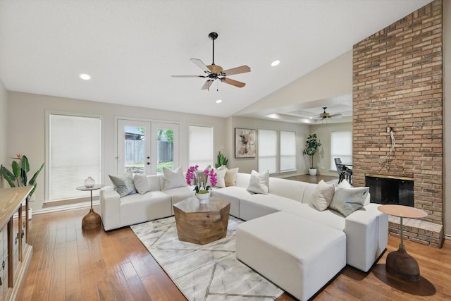 2420 Cross Timbers Trl, Arlington, TX 76006 - living room with ceiling fan, lofted ceiling, light wood-style floors, recessed lighting, and a fireplace