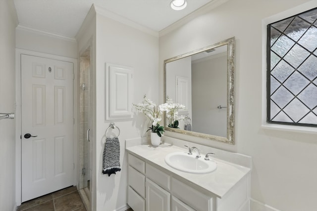 2420 Cross Timbers Trl, Arlington, TX 76006 - bathroom featuring vanity, crown molding, a stall shower, and baseboards