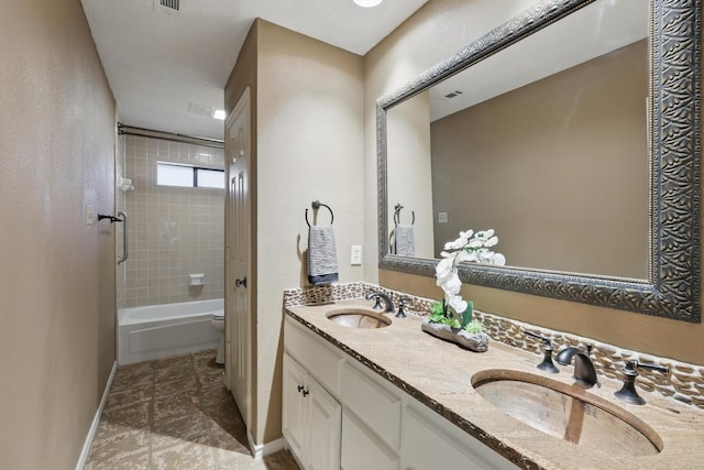 2420 Cross Timbers Trl, Arlington, TX 76006 - bathroom featuring double vanity, toilet, baseboards, and  shower combination