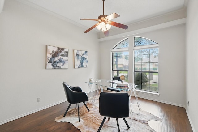 2420 Cross Timbers Trl, Arlington, TX 76006 - office area with ornamental molding, wood finished floors, a ceiling fan, and baseboards