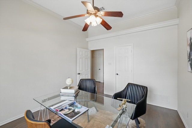 2420 Cross Timbers Trl, Arlington, TX 76006 - home office with ornamental molding, ceiling fan, baseboards, and wood finished floors