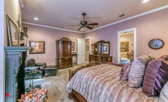 520 Canterbury Ln, Bossier City, LA 71111 - bedroom featuring carpet floors, ornamental molding, recessed lighting, connected bathroom, and baseboards