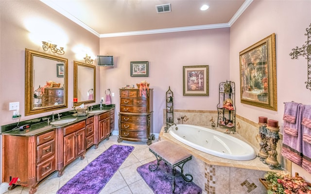 520 Canterbury Ln, Bossier City, LA 71111 - full bath with double vanity, a jetted tub, crown molding, and tile patterned flooring