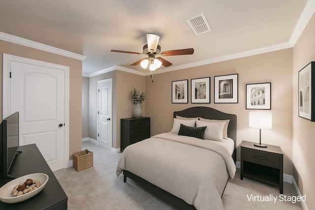 520 Canterbury Ln, Bossier City, LA 71111 - bedroom featuring light colored carpet, baseboards, ornamental molding, and a ceiling fan