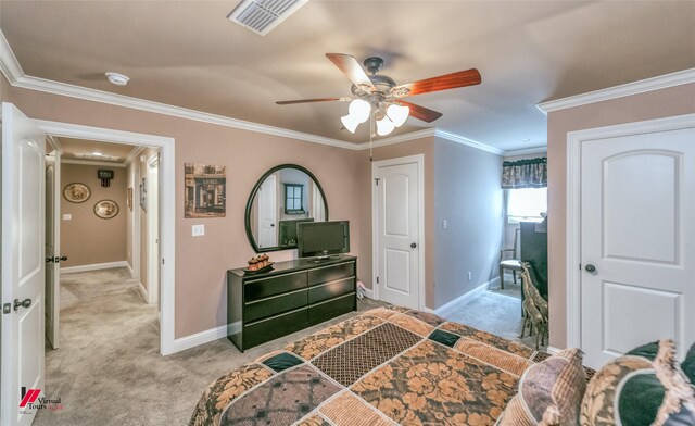 520 Canterbury Ln, Bossier City, LA 71111 - bedroom with light carpet, baseboards, ornamental molding, and a ceiling fan
