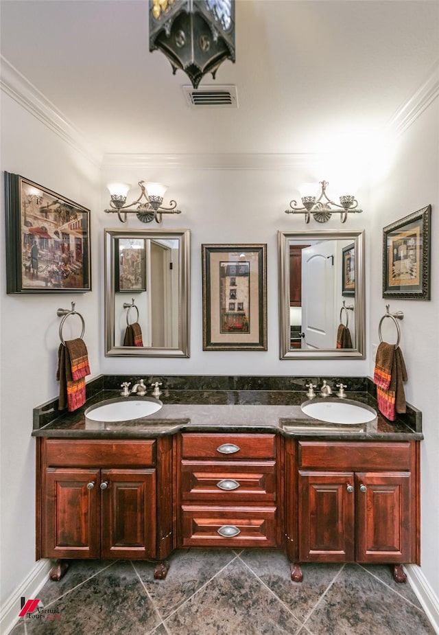 520 Canterbury Ln, Bossier City, LA 71111 - bathroom with double vanity, crown molding, and a chandelier