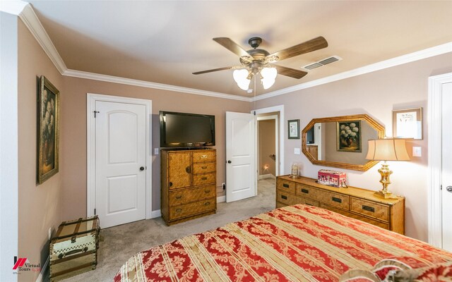 520 Canterbury Ln, Bossier City, LA 71111 - bedroom with light colored carpet, ornamental molding, and a ceiling fan